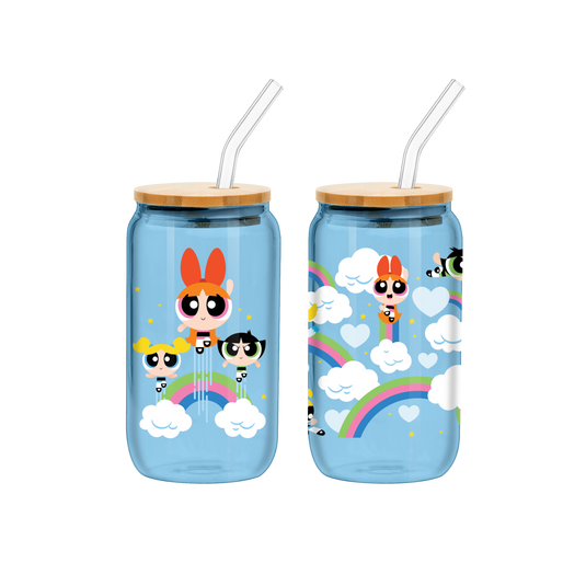 Silver Buffalo Powerpuff Girls Rainbows & Clouds 2pk 16oz Glass Tumbler w/Bamboo Lid