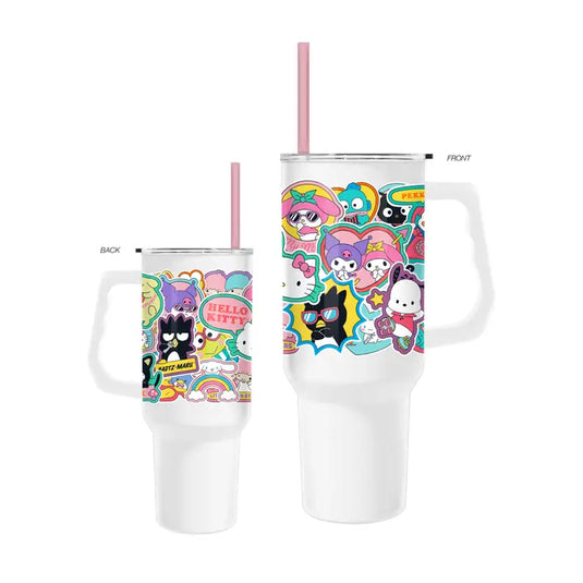Silver Buffalo Sanrio- Super Cute Sticker Collage 40oz. Stainless Steel Tumbler w/ Handle