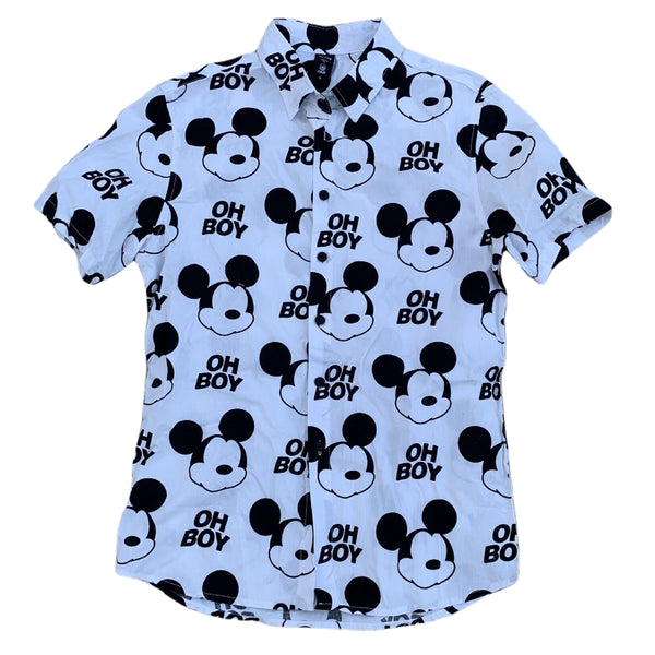 ¡Disney! Mickey Mouse Oh Boy camisa blanca y negra con botones