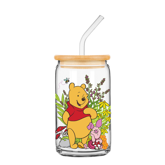 Silver Buffalo Disney Winnie the Pooh Floral 16oz Glass Tumbler w/Bamboo Lid