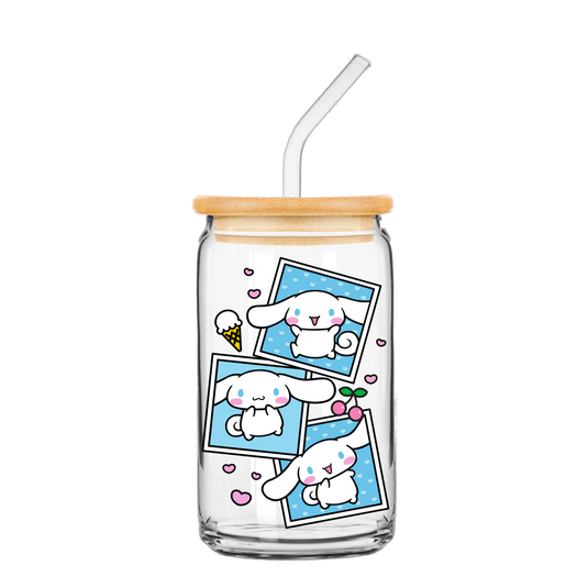 Sanrio Cinnamoroll Snapshot Border 16oz Glass Tumbler w Bamboo Lid and Glass Straw
