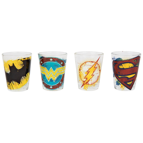 DC Comics - Mini verres à shot en plastique avec logo de super-héros (paquet de 4)