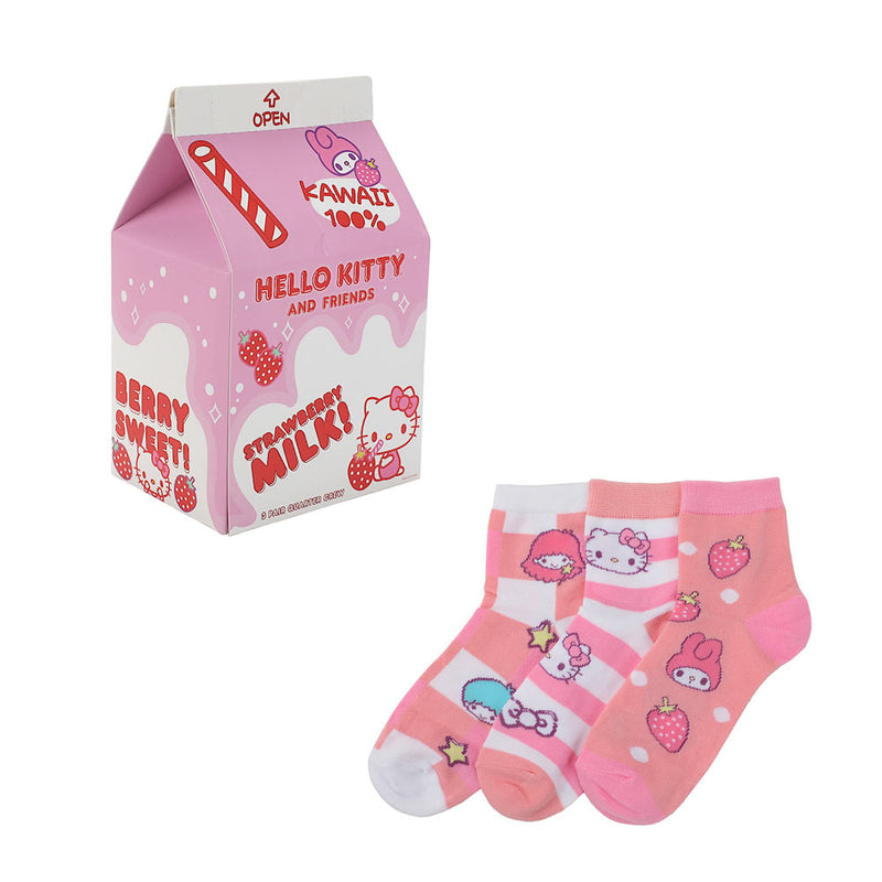 Chargez l&#39;image dans la visionneuse de la galerie, Hello Kitty - Strawberry Milk 3 Pair Quarter Crew Box Set Socks
