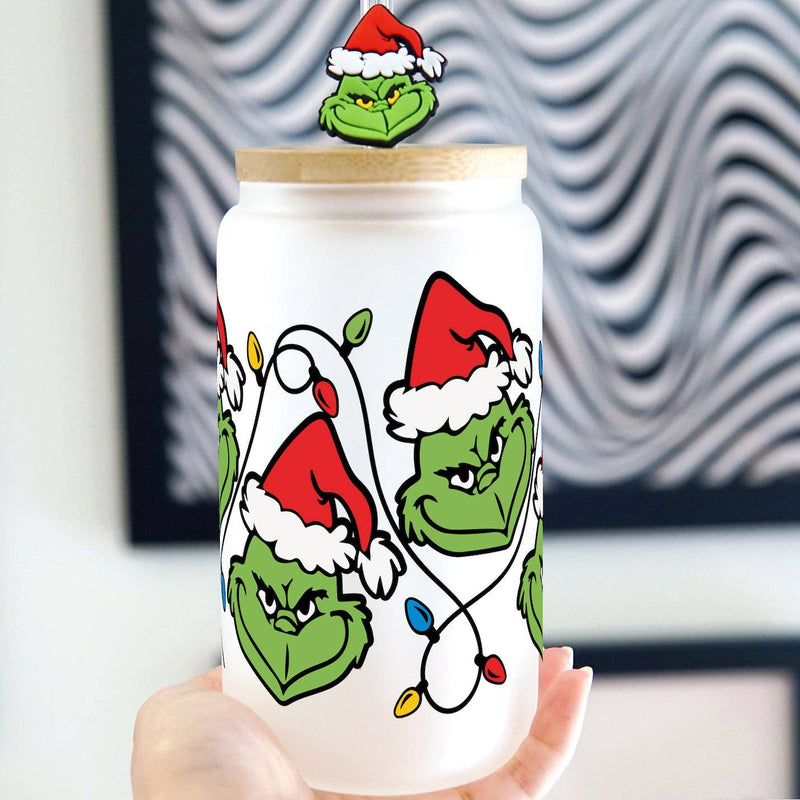 Chargez l&#39;image dans la visionneuse de la galerie, Grinch Inspired Christmas Lights 16oz  Glass Can Cup with Lid and Straw
