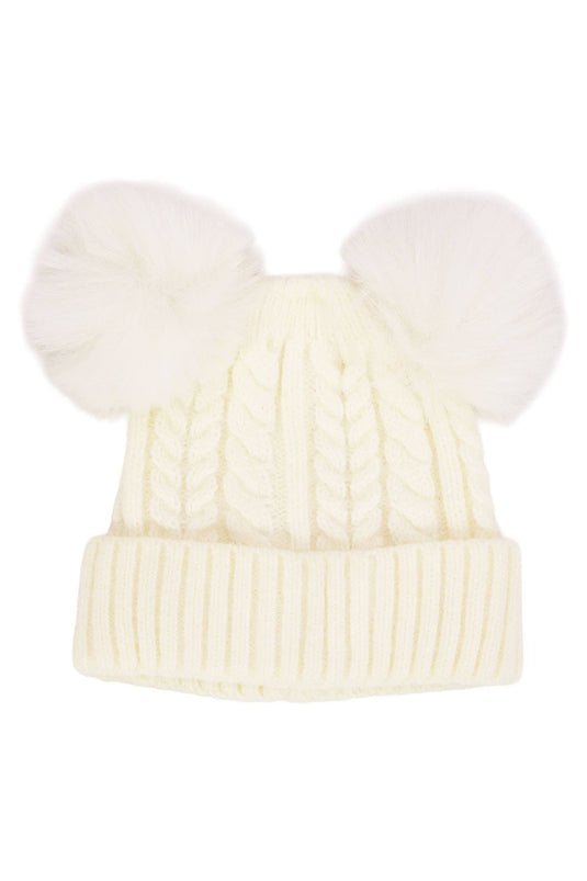Toddlers Cable Knitted Double Pom Beanie