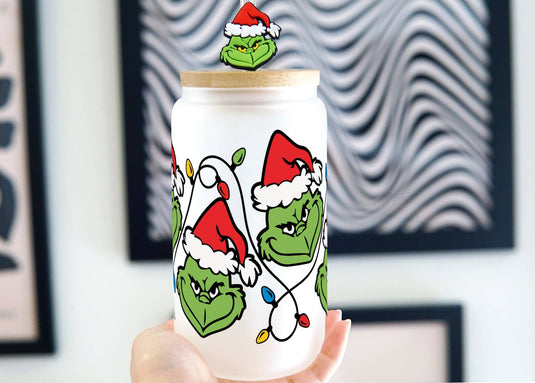 Grinch Inspired Christmas Lights 16oz  Glass Can Cup with Lid and Straw