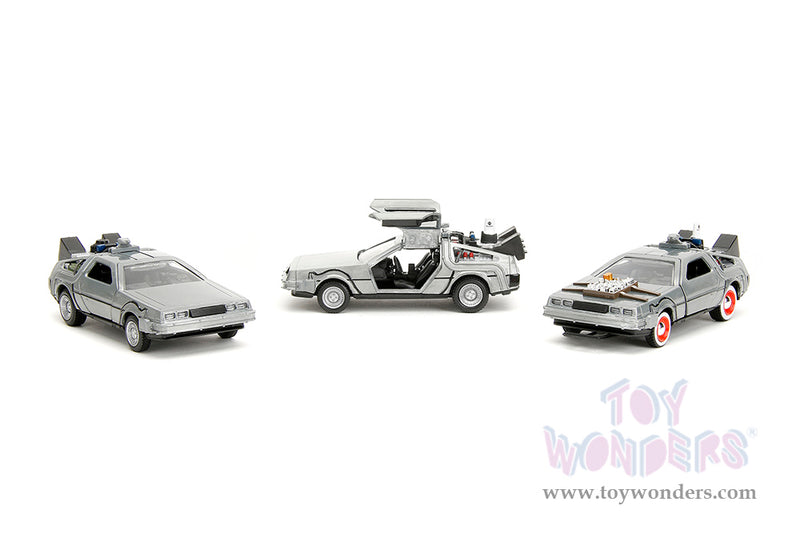 Cargue la imagen en el visor de la galería, Hollywood Rides: Back To the Future - 3 Pack Time Machine 1:32 Scale Model Car
