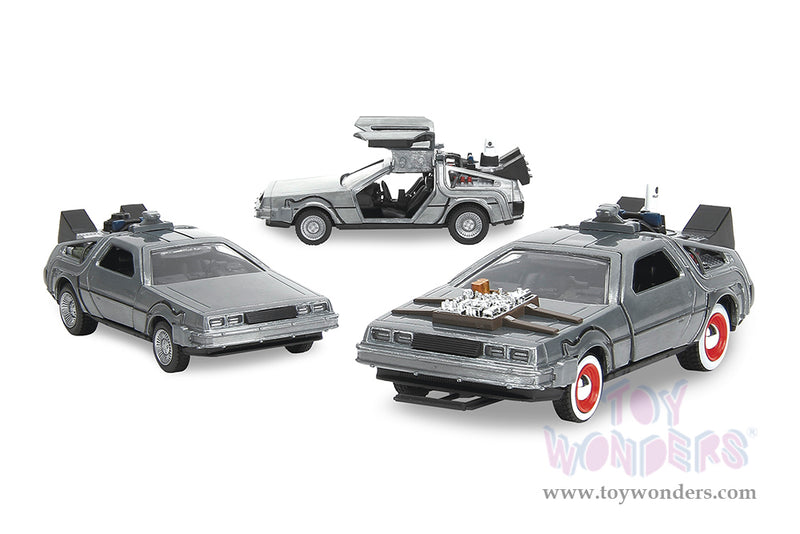 Cargue la imagen en el visor de la galería, Hollywood Rides: Back To the Future - 3 Pack Time Machine 1:32 Scale Model Car
