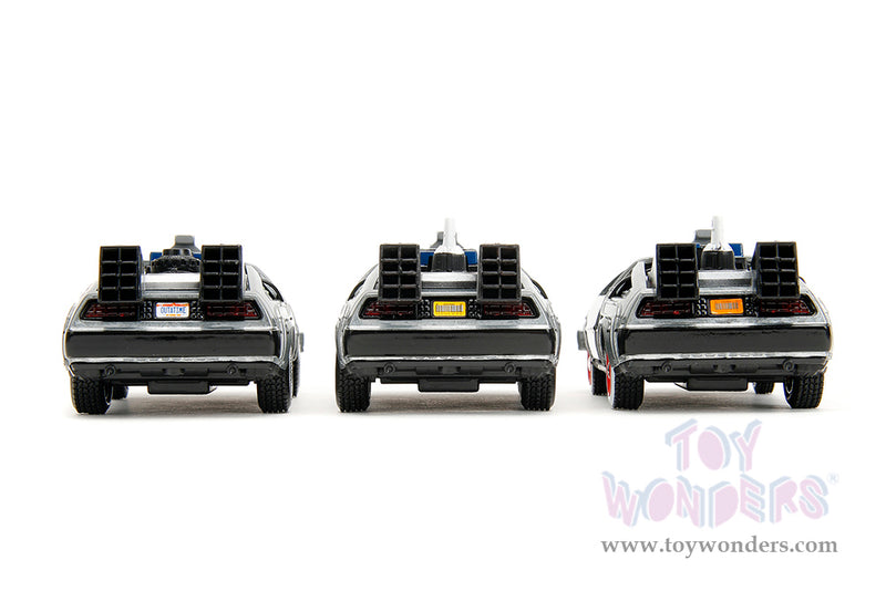 Cargue la imagen en el visor de la galería, Hollywood Rides: Back To the Future - 3 Pack Time Machine 1:32 Scale Model Car
