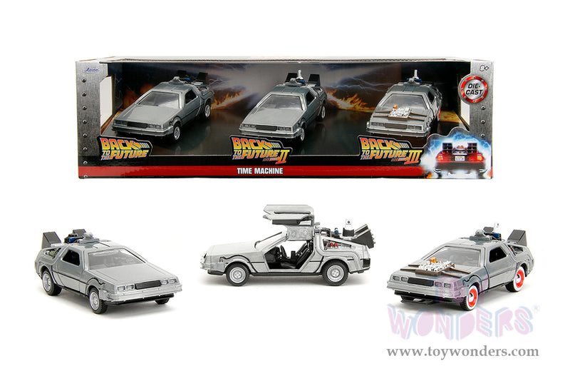 Cargue la imagen en el visor de la galería, Hollywood Rides: Back To the Future - 3 Pack Time Machine 1:32 Scale Model Car
