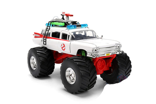 Toy monster truck with large wheels and a white body on a white background