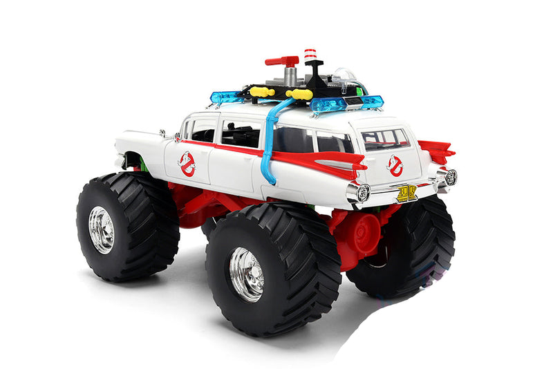 Cargue la imagen en el visor de la galería, Toy monster truck with large wheels and a classic car design on a white background, featuring the Ghostbusters logo.
