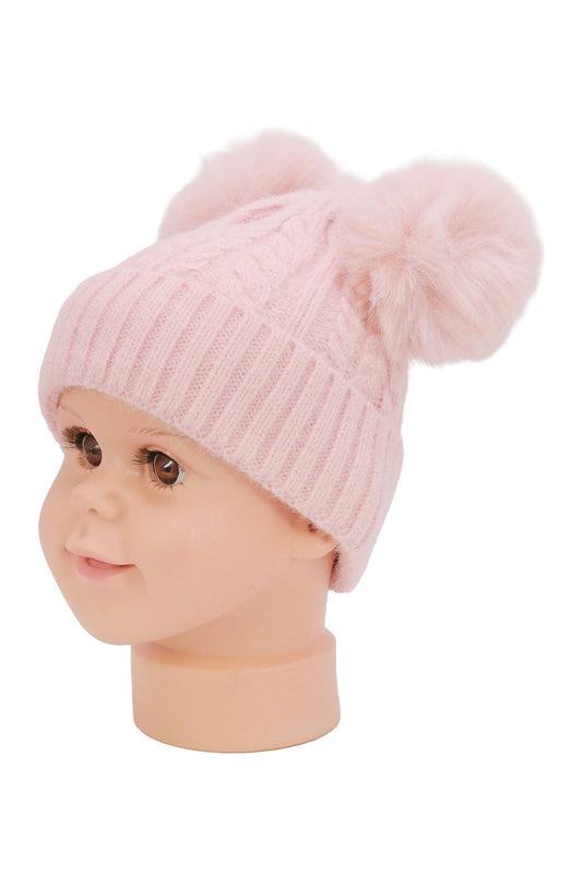 Toddlers Cable Knitted Double Pom Beanie
