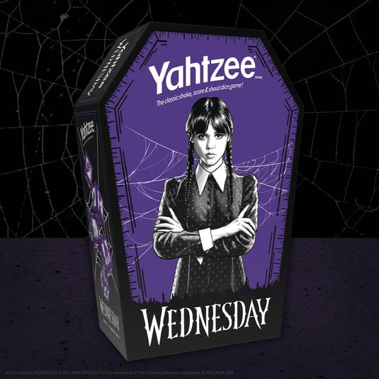USAopoly Yahtzee - Wednesday Dice Game Collectible Flocked Interior Coffin Dice Cup