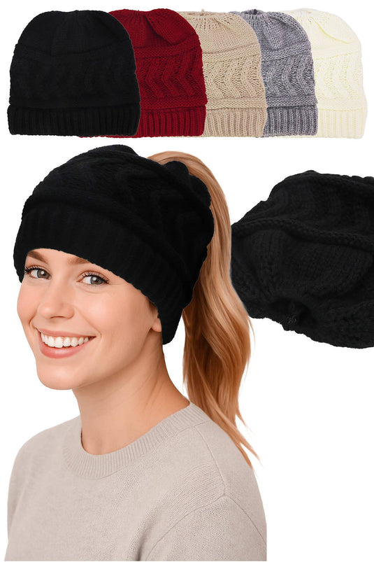Classic Ponytail Chevron Cable Knitted Beanie
