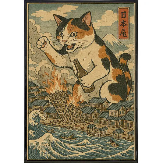 Cat Destroying City - Ukiyo-E Original Poster 11x17 Wall Frame Art