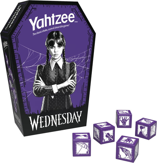 USAopoly Yahtzee - Wednesday Dice Game Collectible Flocked Interior Coffin Dice Cup