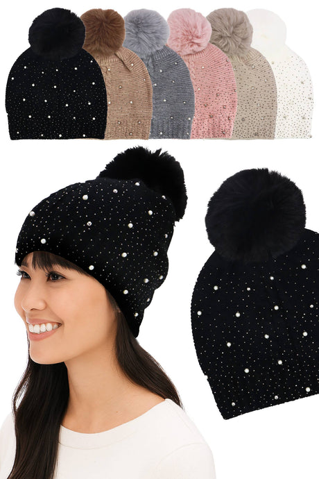 Bling Rhinestone Pearl Knit Pom Pom Beanie