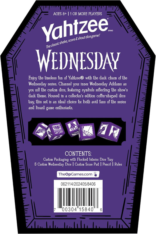 USAopoly Yahtzee - Wednesday Dice Game Collectible Flocked Interior Coffin Dice Cup
