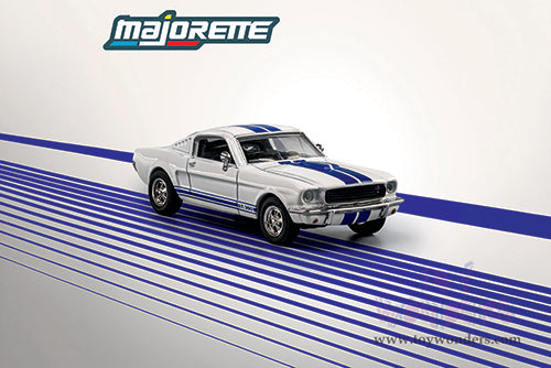 Cargue la imagen en el visor de la galería, Majorette 1965 Ford Mustang Shelby GT350 White &amp; Blue 1:64 Diecast Model Car
