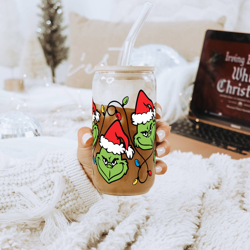 Chargez l&#39;image dans la visionneuse de la galerie, Grinch Inspired Christmas Lights 16oz  Glass Can Cup with Lid and Straw
