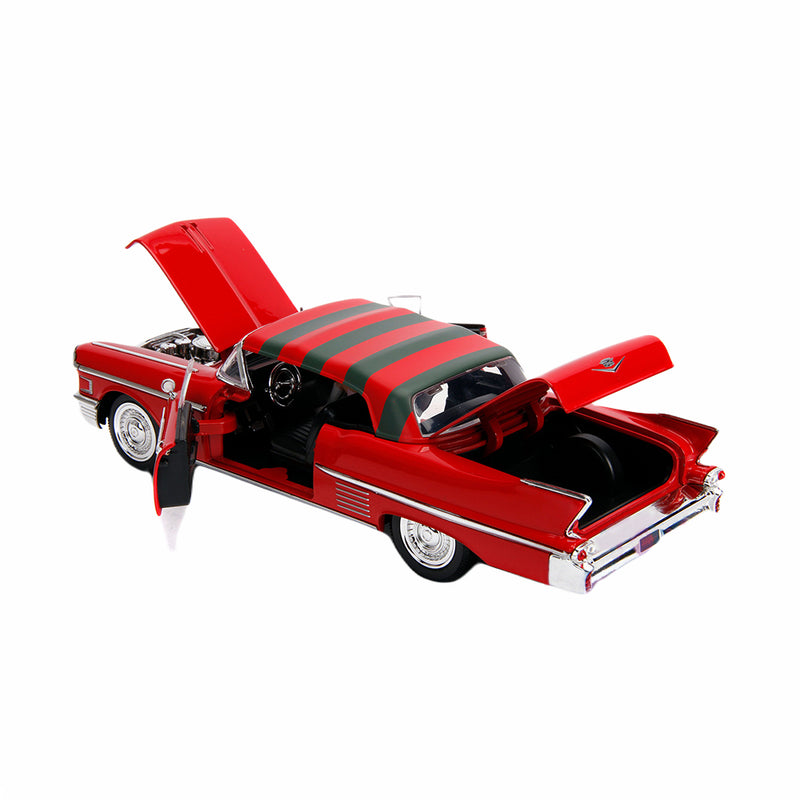 Cargue la imagen en el visor de la galería, Hollywood Rides: Pesadilla en Elm Street - Cadillac Serie 62 Rojo con figura de Freddy Krueger, Jada Toys
