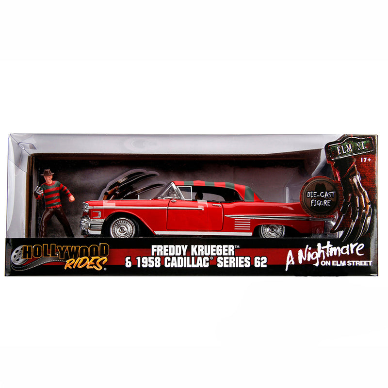 Cargue la imagen en el visor de la galería, Hollywood Rides: Pesadilla en Elm Street - Cadillac Serie 62 Rojo con figura de Freddy Krueger, Jada Toys
