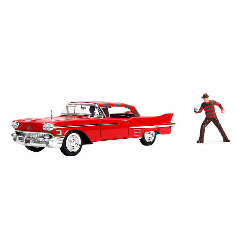 Cargue la imagen en el visor de la galería, Hollywood Rides: Pesadilla en Elm Street - Cadillac Serie 62 Rojo con figura de Freddy Krueger, Jada Toys
