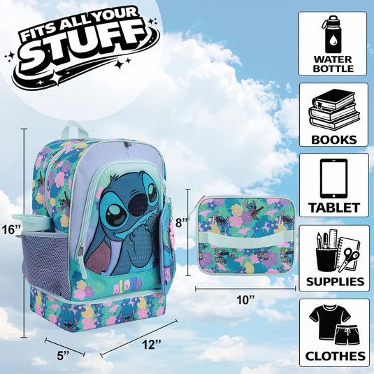 Bioworld Disney Lilo & Stitch - Aloha 5-Piece 16" Backpack With Lunch Kit