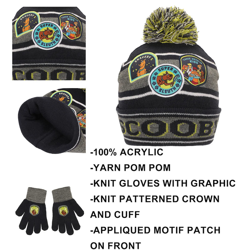 Cargue la imagen en el visor de la galería, Bioworld Scooby-Doo Super Sleuth Badges Youth 2-Piece Knit Beanie &amp; Gloves Set
