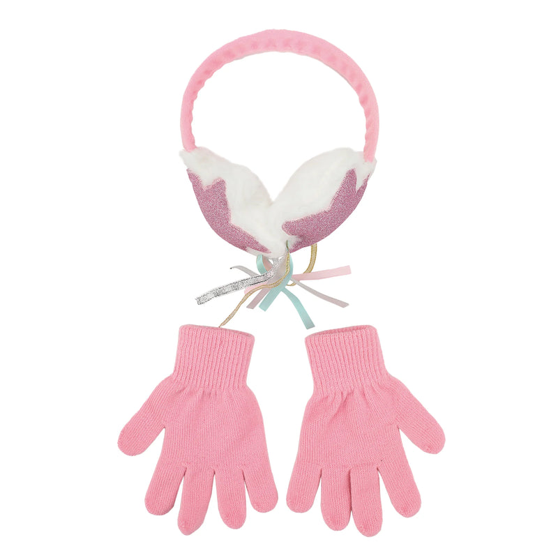 Chargez l'image dans la visionneuse de la galerie, Bioworld Sparkly Stars - 2-Piece Youth Pink Plush Ear Muffs &amp; Gloves Set
