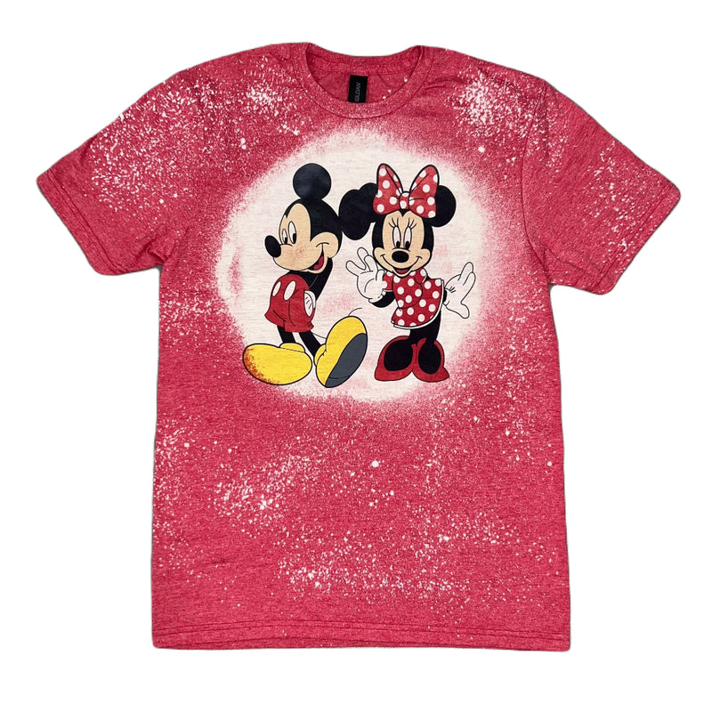 Disney - Camiseta roja blanqueada de Mickey y Minnie Mouse