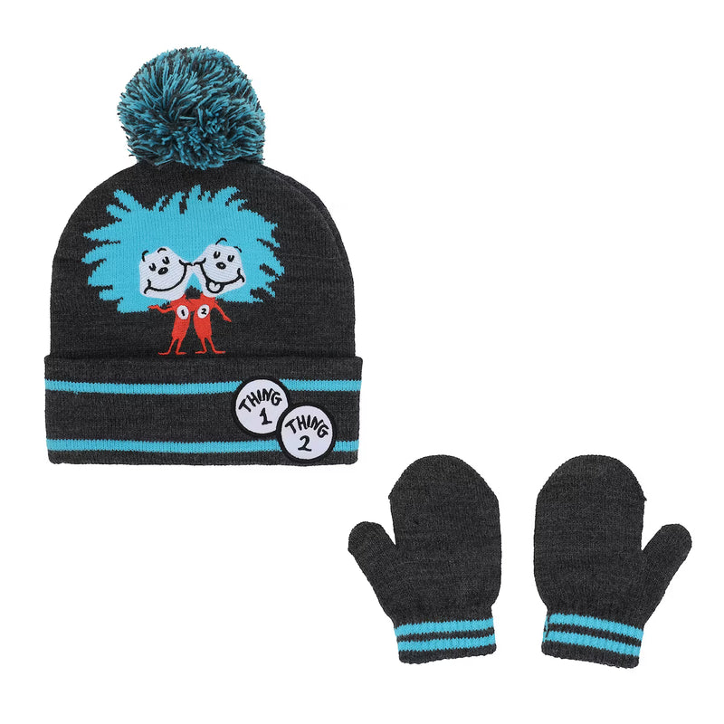 Cargue la imagen en el visor de la galería, Bioworld Dr. Seuss - Thing 1 and Thing 2 Toddler Cuffed Pom Beanie and Gloves Set
