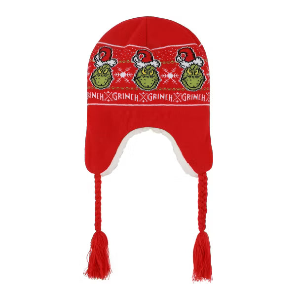 Cargue la imagen en el visor de la galería, Bioworld Dr. Seuss - The Grinch Holiday Sweater Pattern Red Trapper Cuff Beanie
