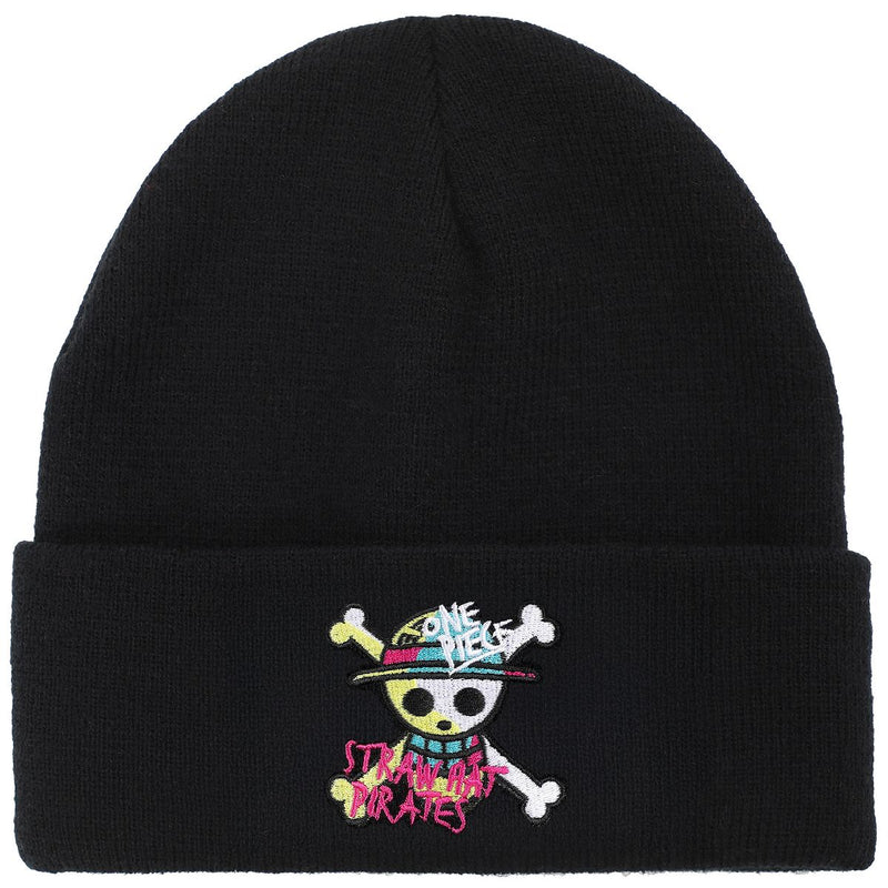 Load image into Gallery viewer, Bioworld One Piece Live Action - Jolly Roger Pirate Cuff Embroidery On Ribbed Black Acrylic Knit Cuff Beanie
