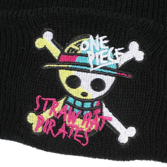 Bioworld One Piece Live Action - Jolly Roger Pirate Cuff Embroidery On Ribbed Black Acrylic Knit Cuff Beanie