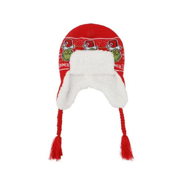 Cargue la imagen en el visor de la galería, Bioworld Dr. Seuss - The Grinch Holiday Sweater Pattern Red Trapper Cuff Beanie
