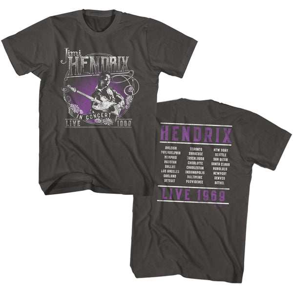 Jimi Hendrix Rock Guitarist 1969 Live Tour Front & Back Print Adult Short Sleeve T-Shirt