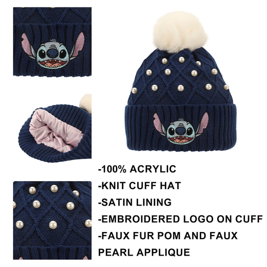 Disney Lilo & Stitch - Stitch Character Face & Pearl Appliques Blue Cuff Beanie