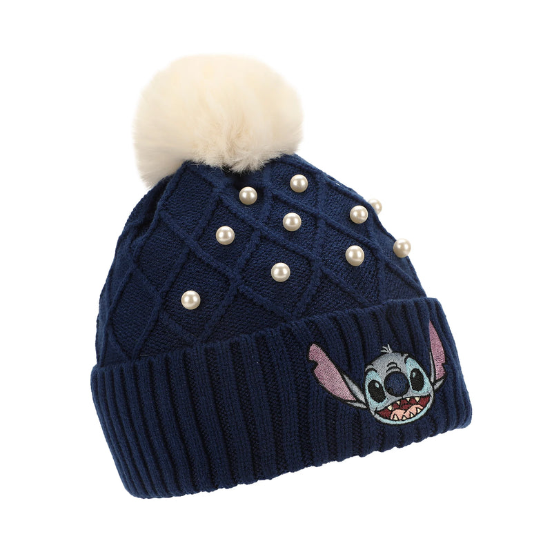 Load image into Gallery viewer, Disney Lilo &amp; Stitch - Stitch Character Face &amp; Pearl Appliques Blue Cuff Beanie

