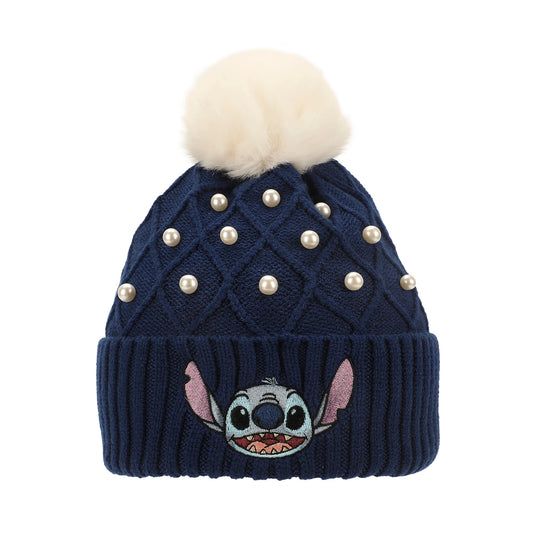 Disney Lilo & Stitch - Stitch Character Face & Pearl Appliques Blue Cuff Beanie