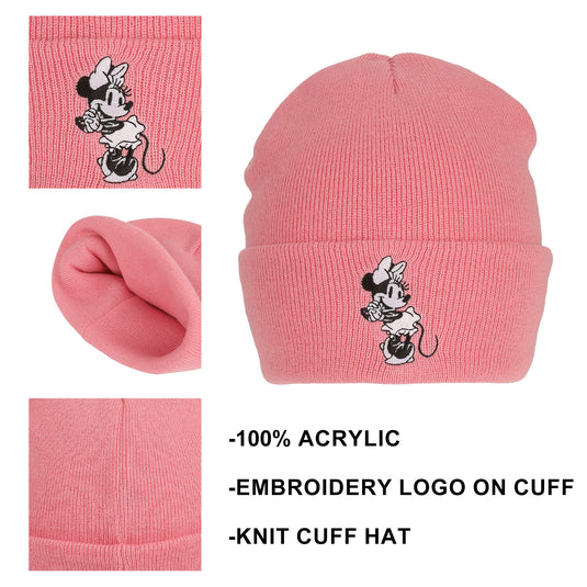 Bioworld Disney - Minnie Mouse Embroidred Black & White Character On Pink Cuff Beanie