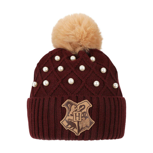Harry Potter - Hogwarts Crest & Pearl Appliques Maroon Cuff Beanie