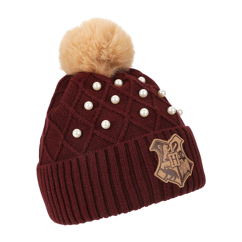Load image into Gallery viewer, Harry Potter - Hogwarts Crest &amp; Pearl Appliques Maroon Cuff Beanie

