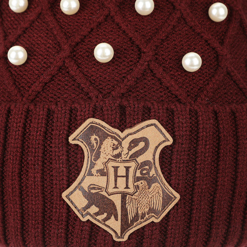 Load image into Gallery viewer, Harry Potter - Hogwarts Crest &amp; Pearl Appliques Maroon Cuff Beanie
