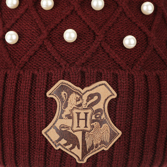 Harry Potter - Hogwarts Crest & Pearl Appliques Maroon Cuff Beanie