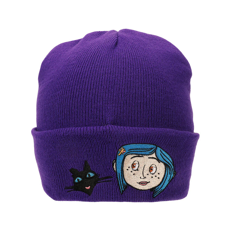 Load image into Gallery viewer, Coraline &amp; Black Cat Character Art Purple Cuff Beanie

