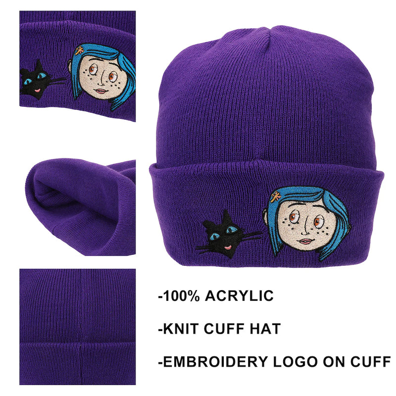 Load image into Gallery viewer, Coraline &amp; Black Cat Character Art Purple Cuff Beanie
