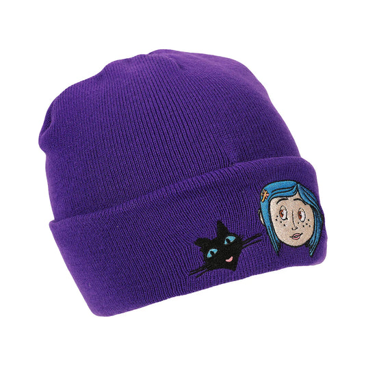 Coraline & Black Cat Character Art Purple Cuff Beanie