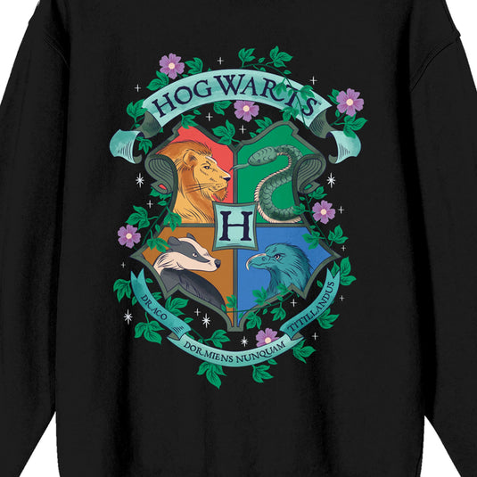 Bioworld Harry Potter - Floral Hogwarts Crest Women's Black Crew Neck Sweatshirt